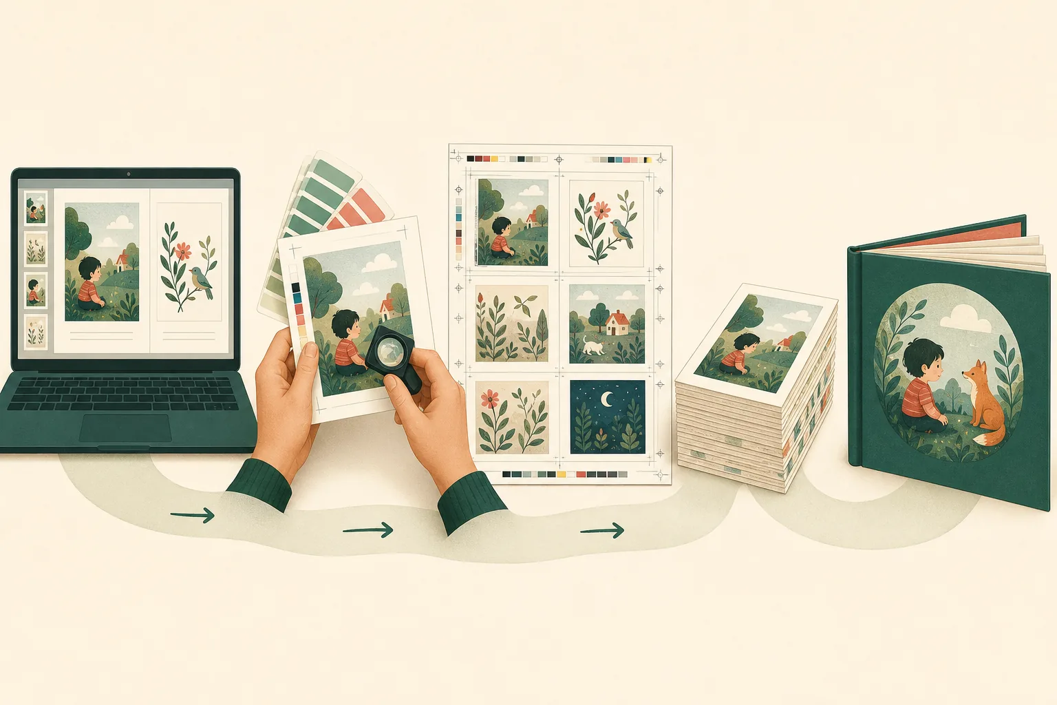 Illustrated sequence from pages on a laptop through preflight and press sheets to a printed book block and finished hardcover
