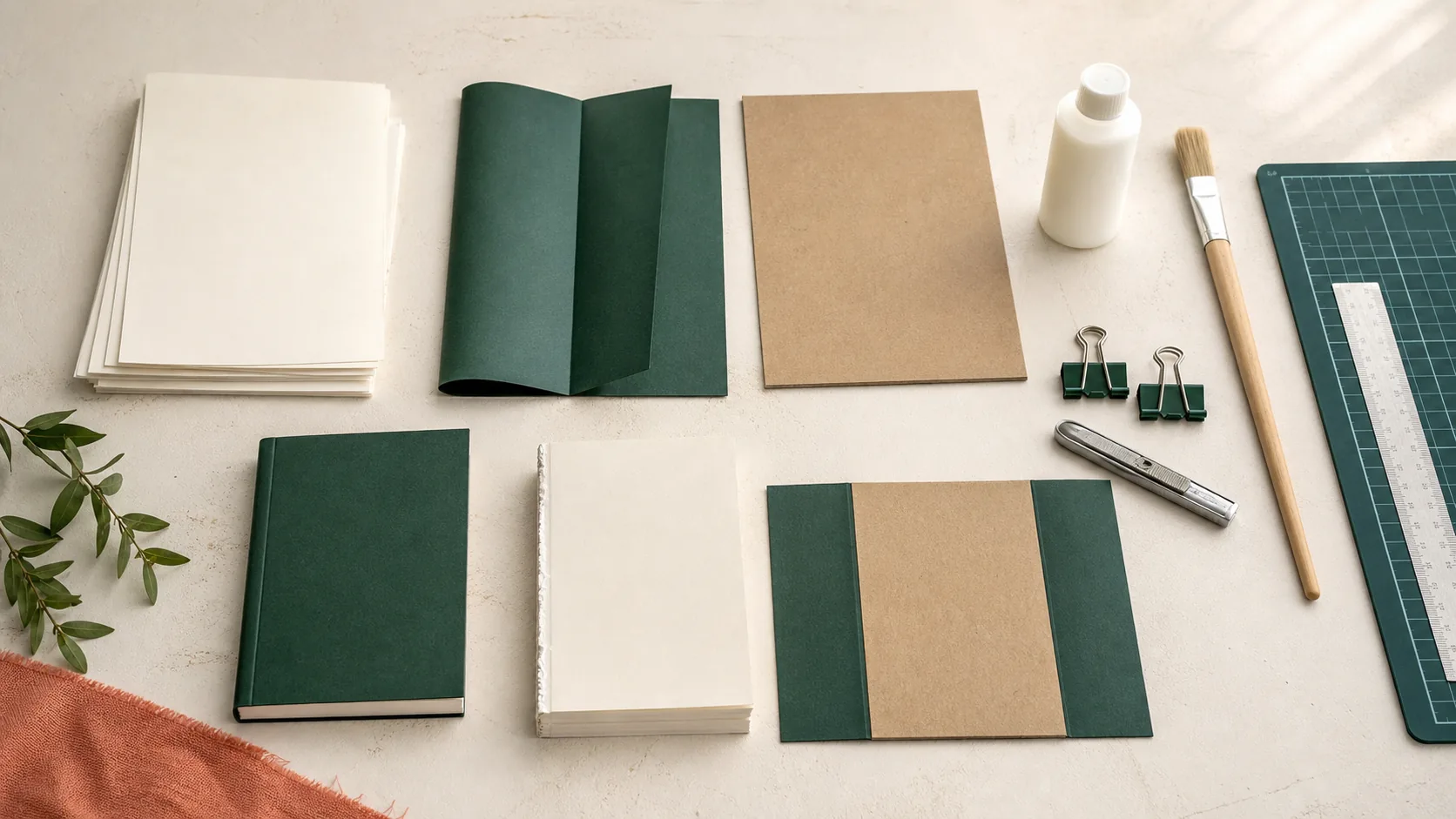 Overhead view of loose pages, endpapers, binder clips, adhesive, cover board and a finished DIY bound book
