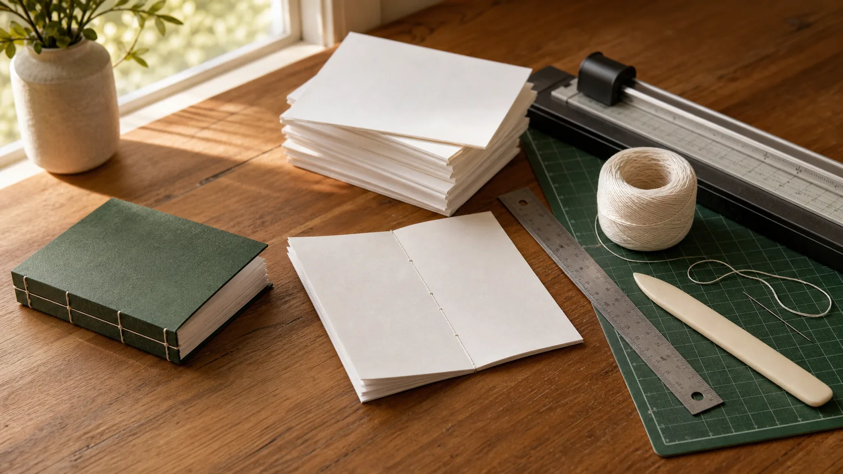 Home workspace with printed pages, bookbinding thread, paper trimmer and a finished hand-bound book
