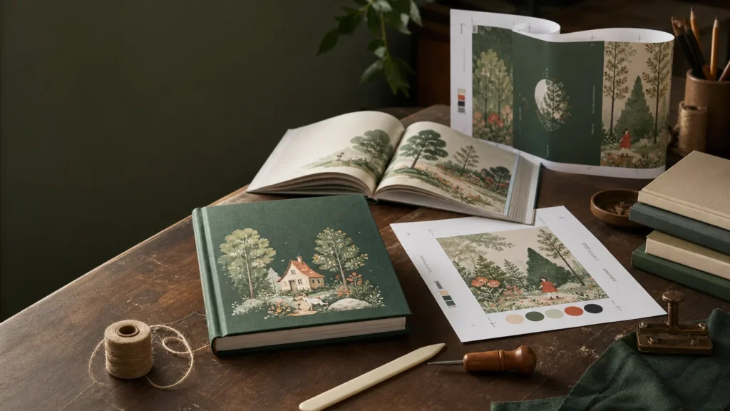 A finished children’s hardcover beside an open book block, cover sheet and printed page on a book production table