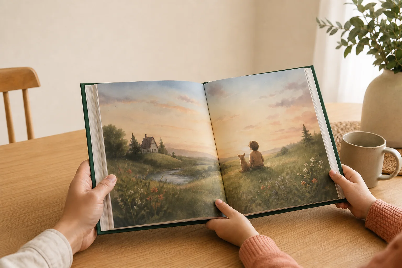 Illustrative mockup of an adult and child reading one open illustrated hardcover storybook