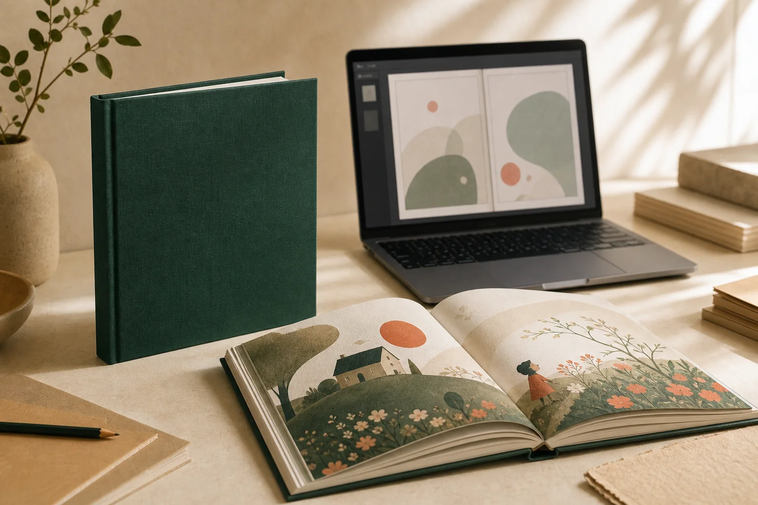 Illustrative mockup of a finished green hardcover beside an open illustrated book and a laptop showing a page layout