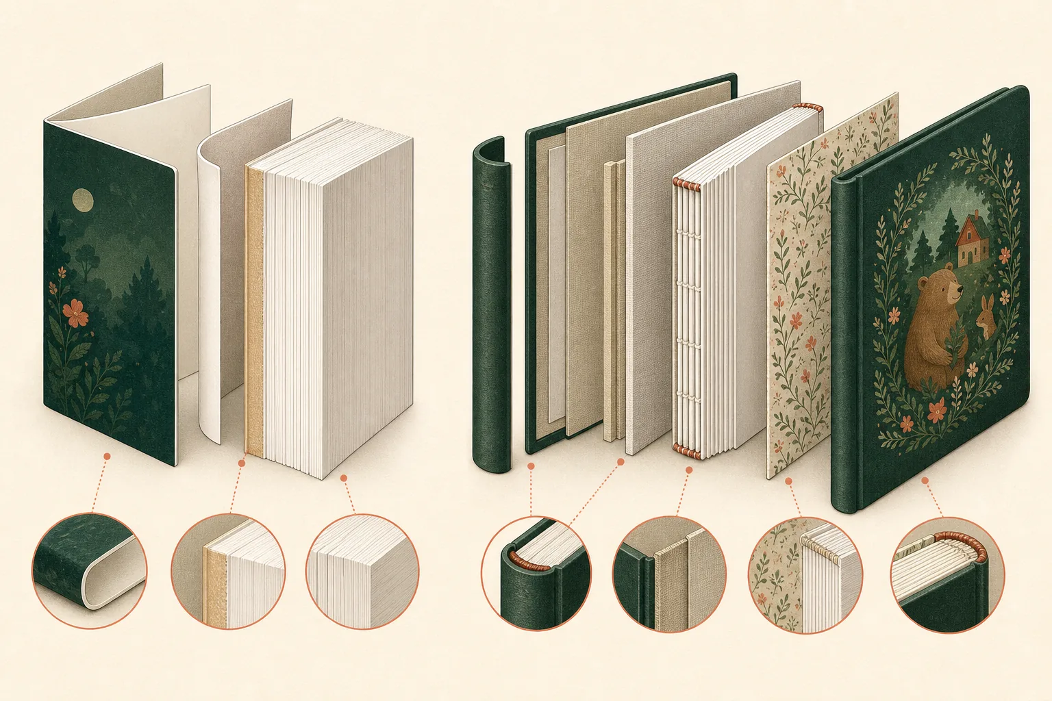 Exploded comparison of a flexible perfect-bound paperback and a rigid case-bound hardcover with boards and endsheets