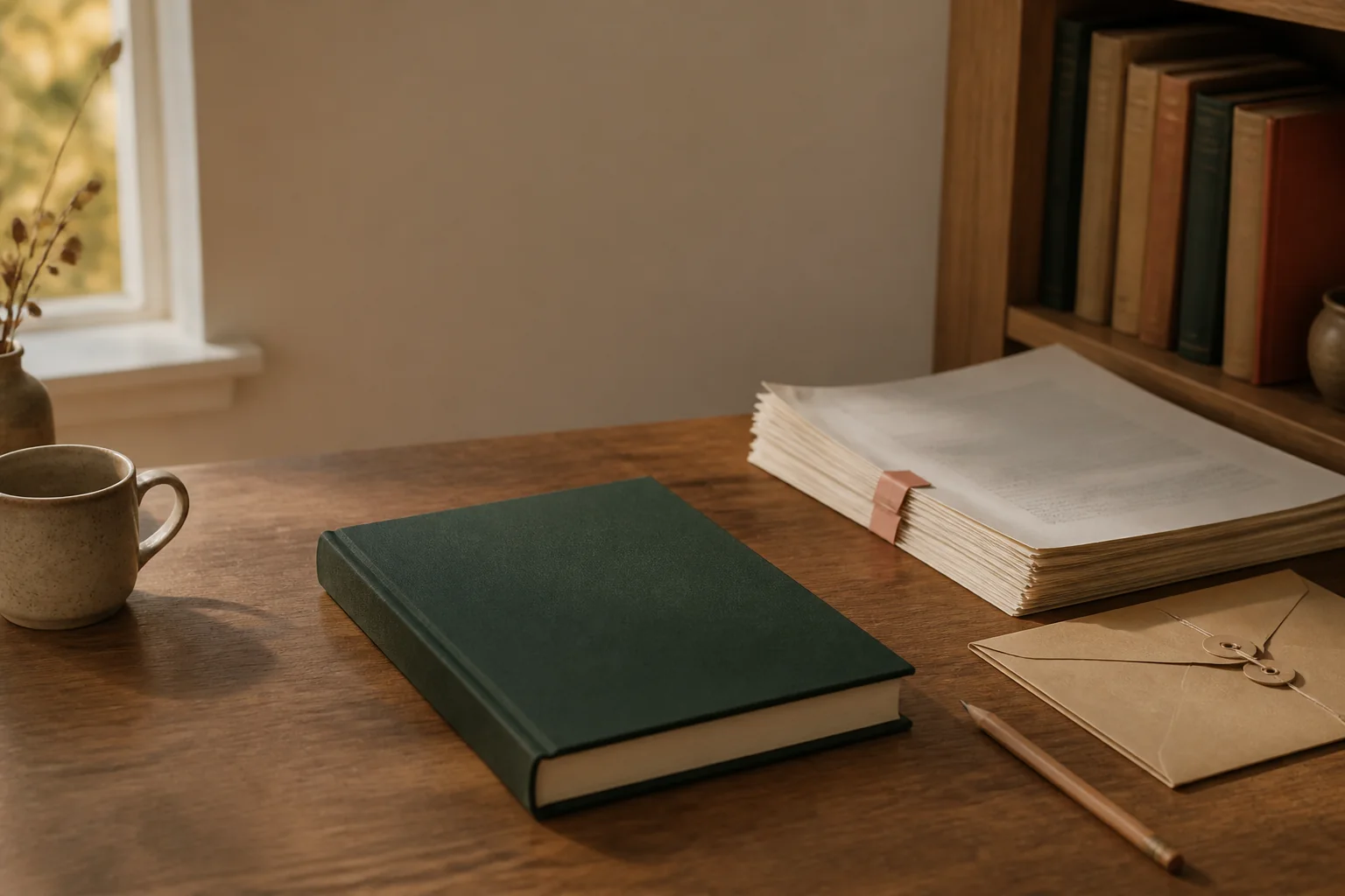 Illustrative mockup of one private green hardcover beside a manuscript and archival envelope
