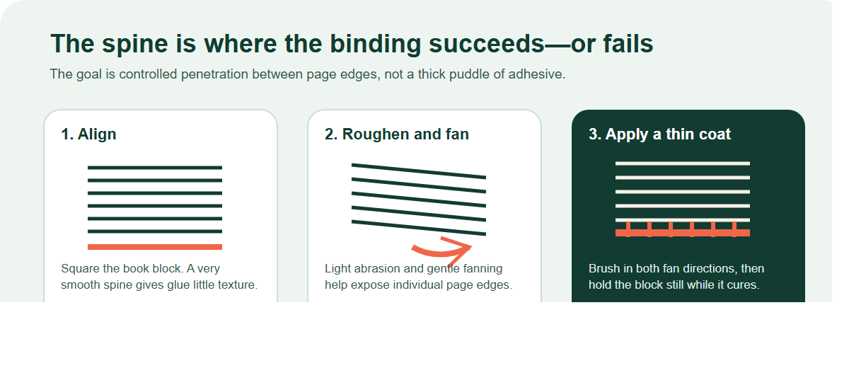 Diagram showing an aligned spine, fanned page edges and a thin layer of glue reaching the page edges