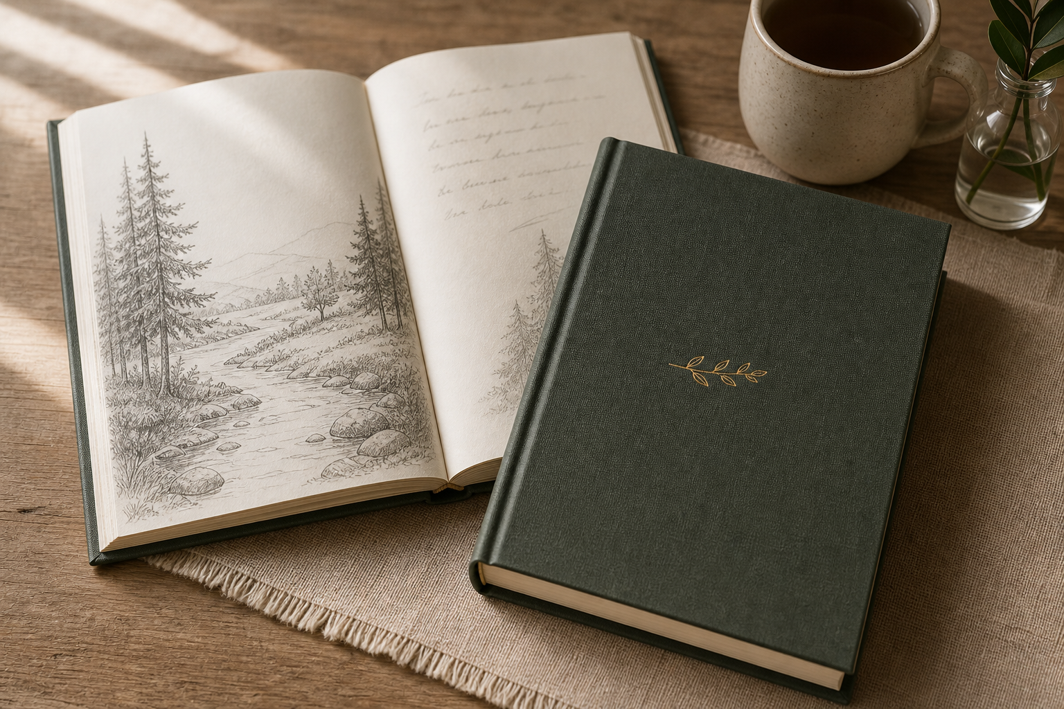 An open illustrated manuscript beside a finished green clothbound hardcover book