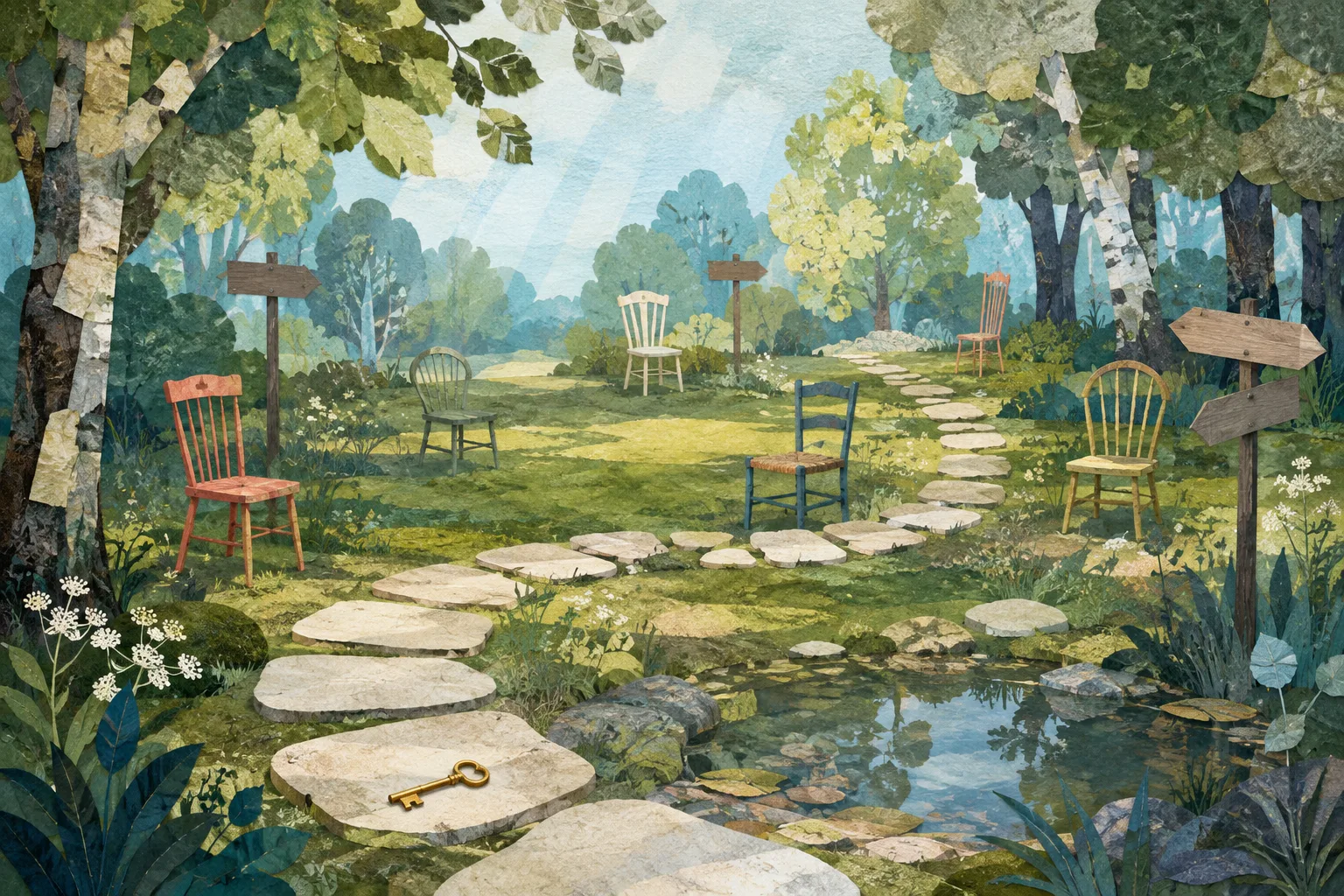 Original editorial illustration of an empty woodland glade with mismatched chairs, blank wooden signposts, a looping stepping-stone path, and a small brass key beside a clear pool.
