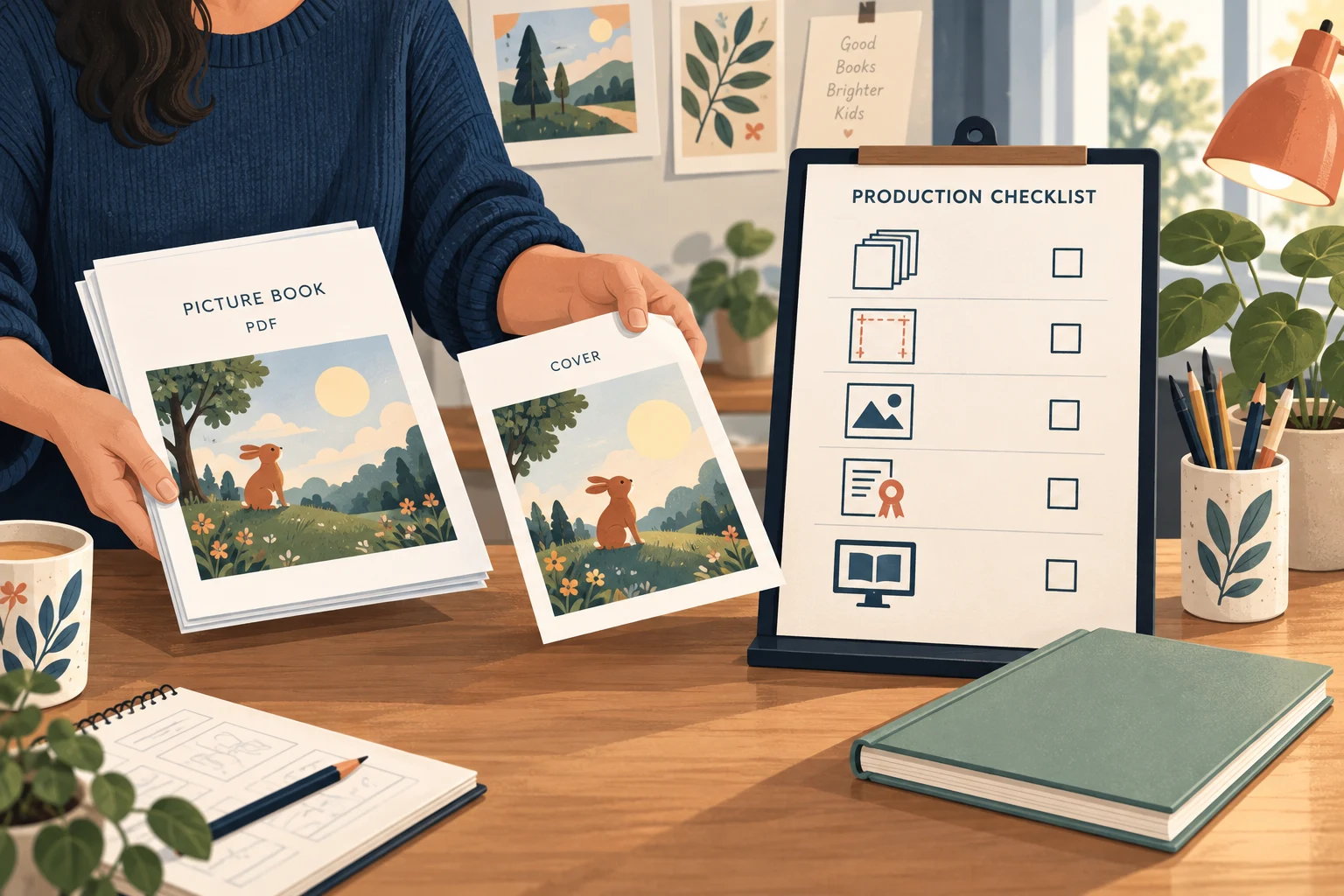 Original editorial illustration of a picture-book PDF, a separate cover sheet, a production checklist, and one plain hardcover on a studio desk