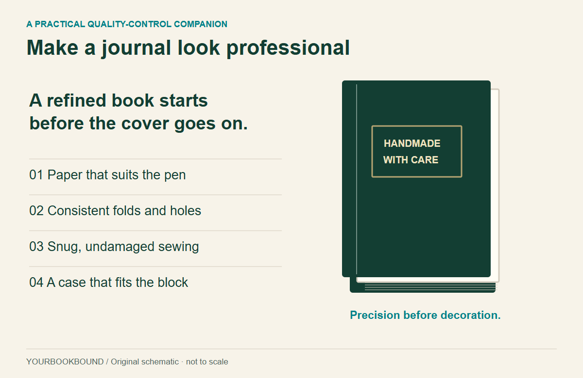 Original illustrated journal with four quality priorities: suitable paper, consistent folds and holes, secure sewing and a fitted cover.