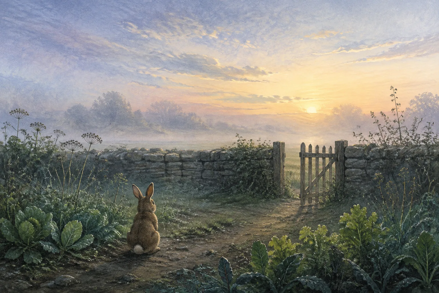 Original editorial illustration of a generic brown rabbit on a garden path before a stone wall and wooden gate at dawn.