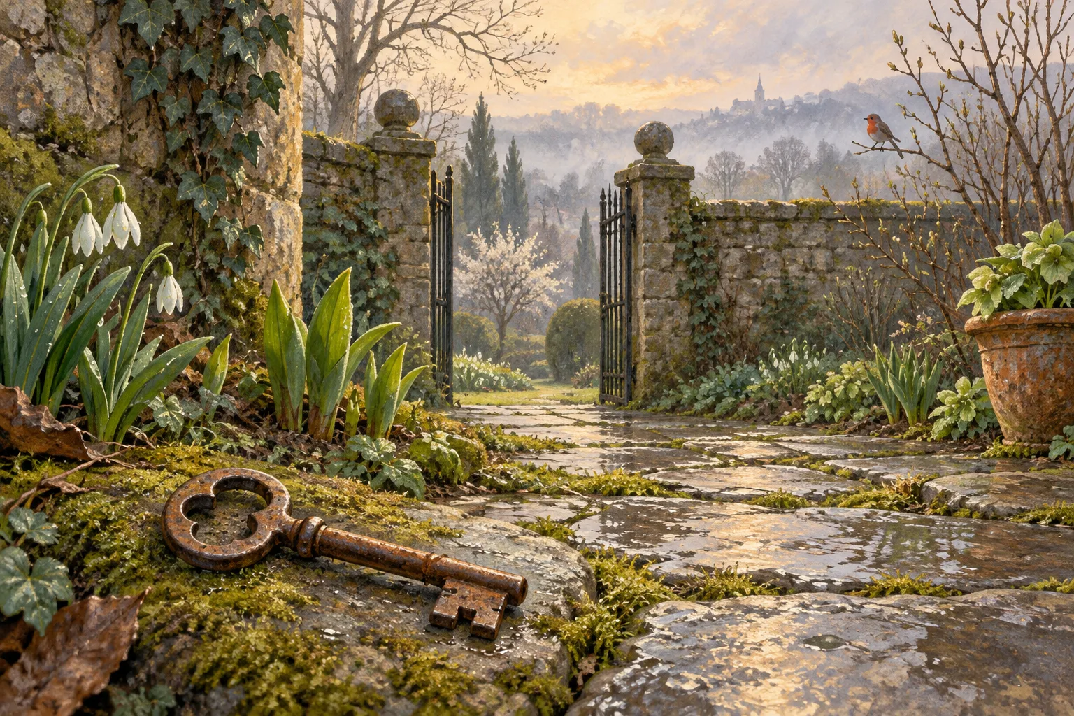 An original editorial illustration of an open stone garden gate after rain, with spring shoots, a weathered key, and a robin.