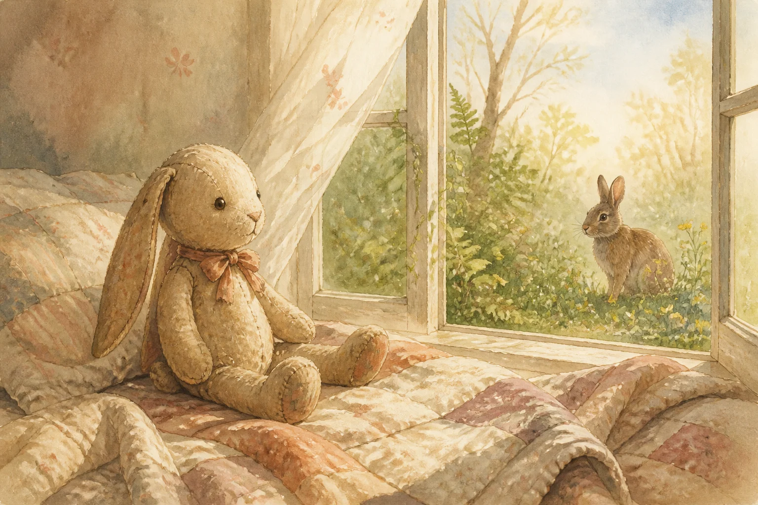 Original watercolor-style illustration of a worn plush rabbit looking at a living rabbit through a sunlit window.