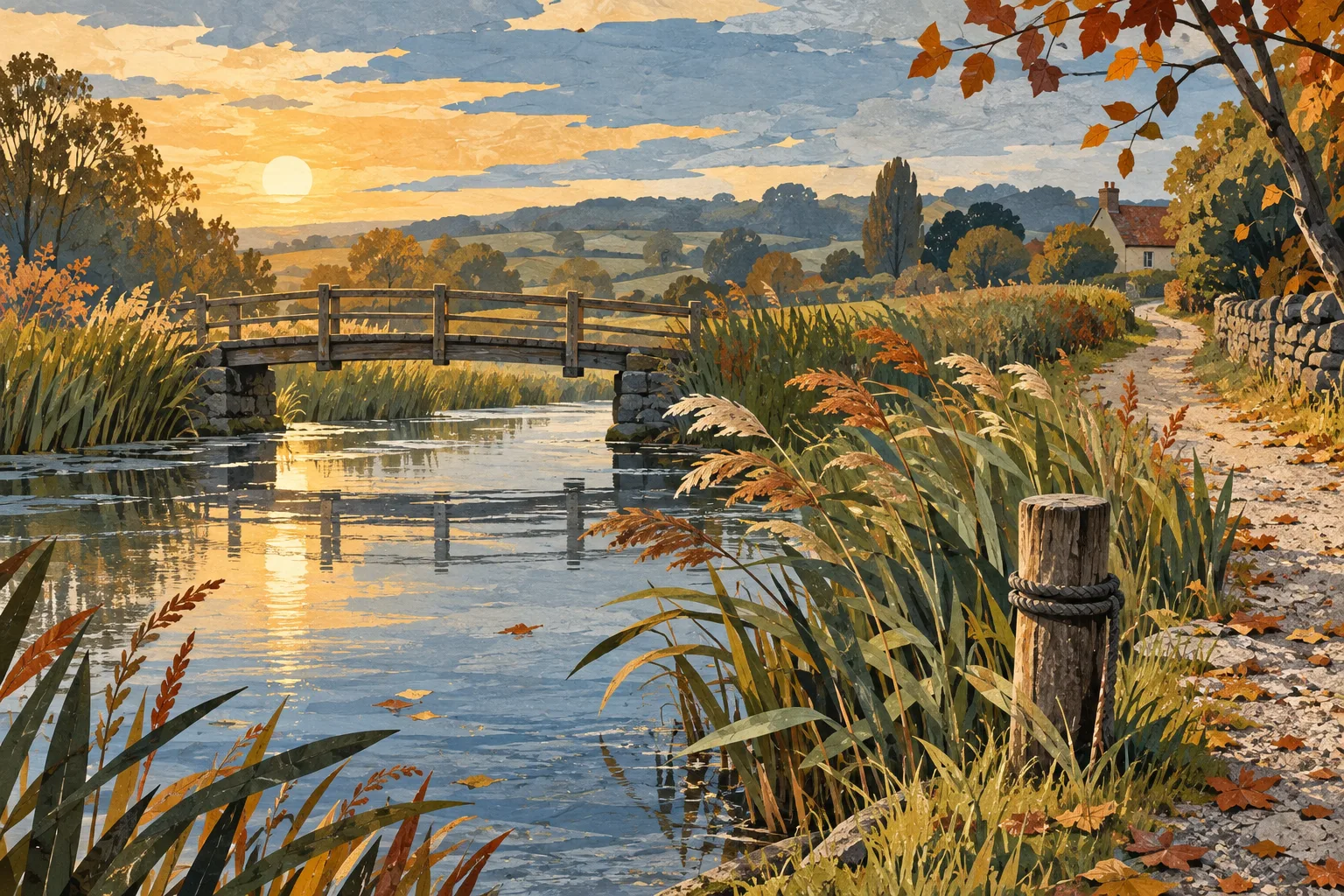 Original editorial illustration of an empty autumn riverbank with a wooden footbridge, reflective water, tall reeds, a mooring post, and a winding path toward a small cottage.
