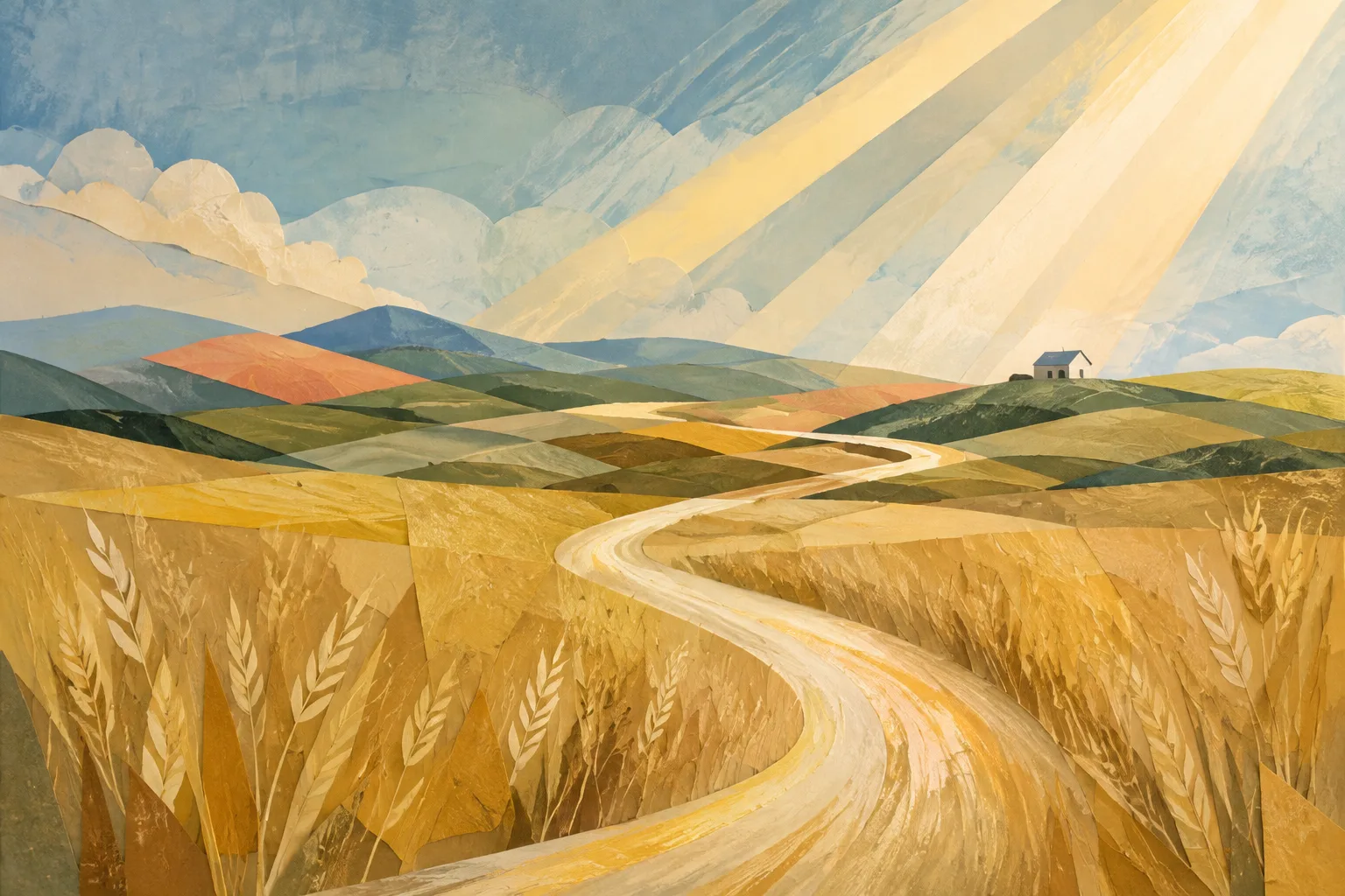 Abstract editorial landscape of a sunlit prairie, a curving pale path, layered green hills, and a small farmhouse beneath wide golden rays.