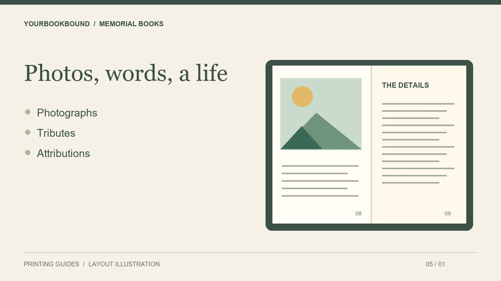 Illustrated book spread for memorial books, highlighting photographs, tributes, attributions.