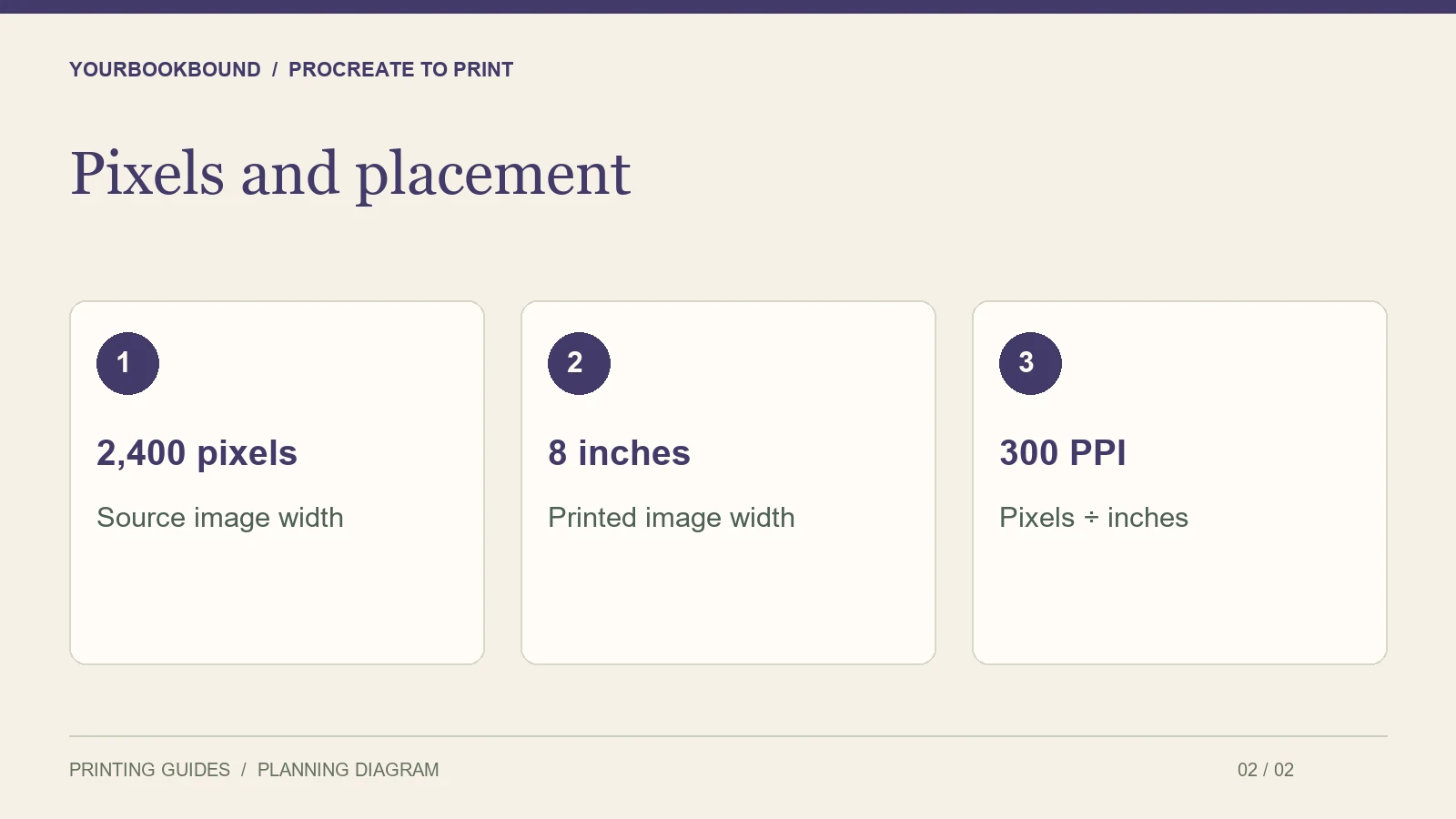 Pixels and placement: 2,400 pixels — Source image width; 8 inches — Printed image width; 300 PPI — Pixels ÷ inches.
