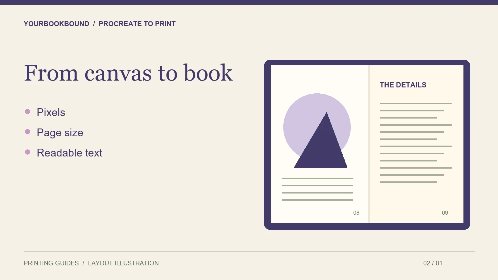 Illustrated book spread for procreate to print, highlighting pixels, page size, readable text.